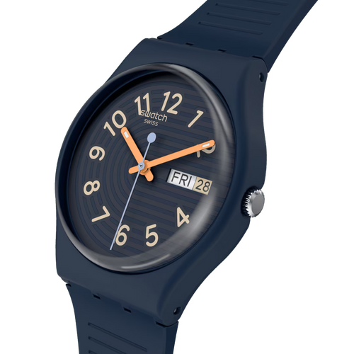Swatch Gent SO29N102 Trendy Lines at Night – Vista frontale con cinturino alternativo – SWATCH