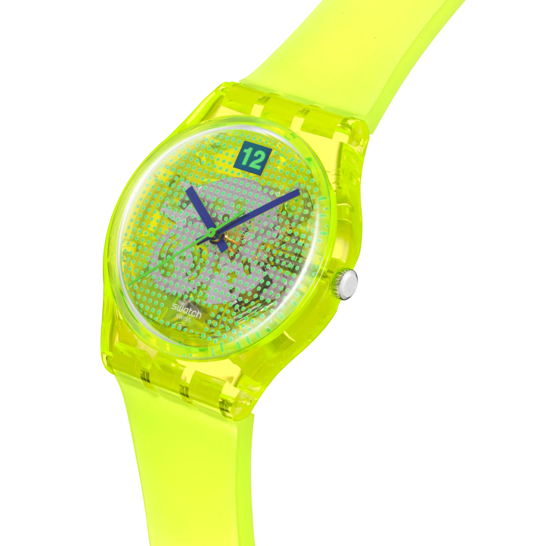 Orologio Swatch LUMINOUSLY LEMON SO28J103 – Vista laterale – Collezione Gent da Cicco Gioielleria