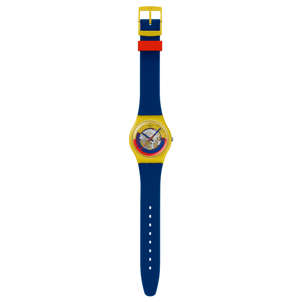 Swatch SO28J400 – Orologio giallo biosourced con quadrante multicolore su sfondo neutro