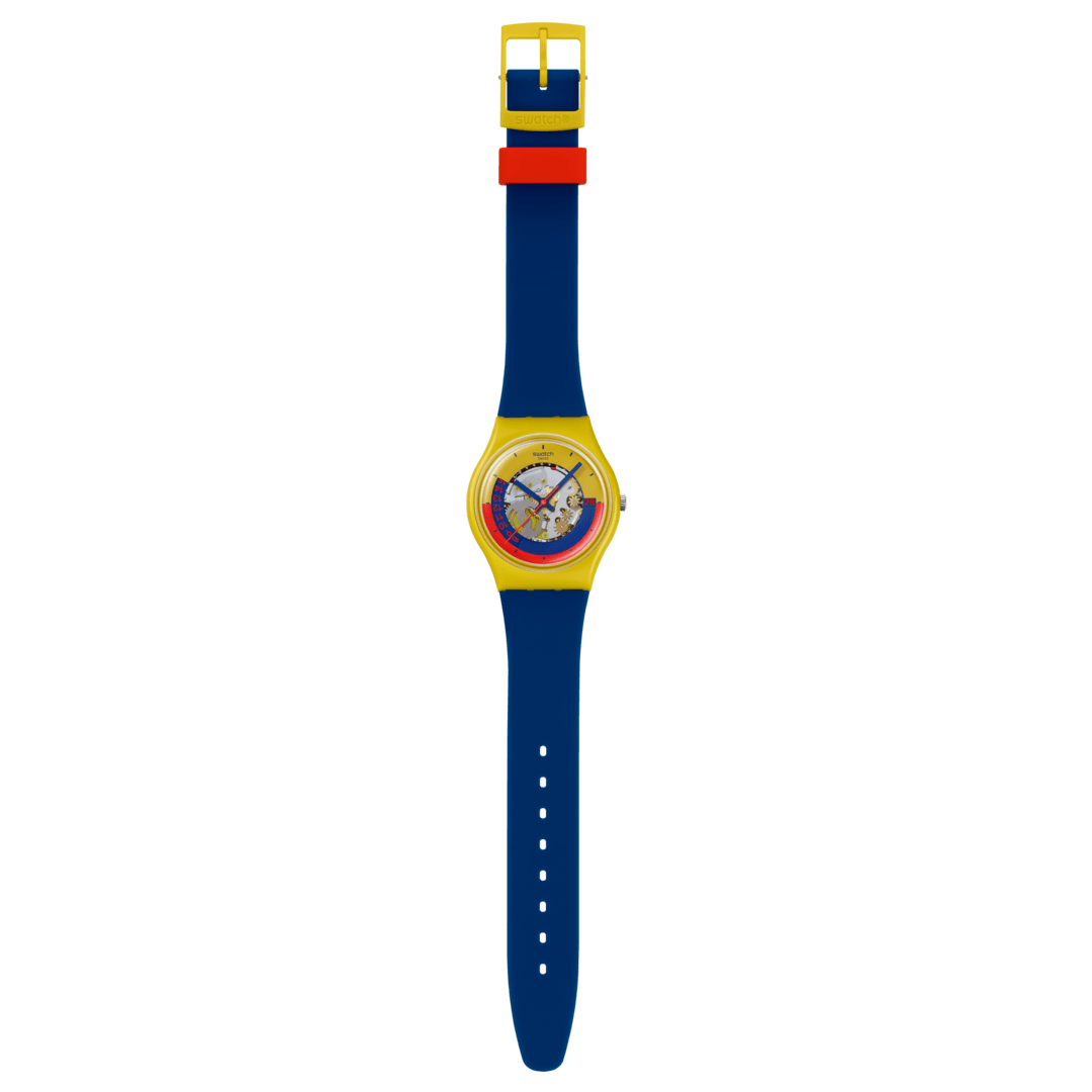 Swatch SO28J400 – Orologio giallo biosourced con quadrante multicolore su sfondo neutro