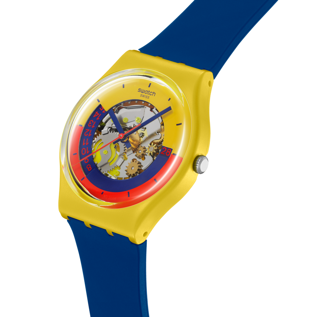 Swatch SO28J400 – Vista laterale – Cassa gialla e cinturino blu scuro