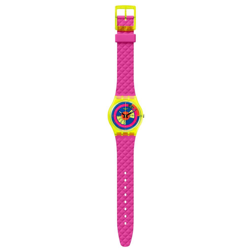 Prodotto: Orologio Swatch SO28J700 SKYCHART con cassa gialla trasparente e cinturino rosa