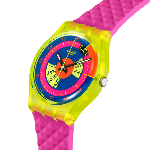 Dettaglio quadrante neon multicolore orologio Swatch SO28J700