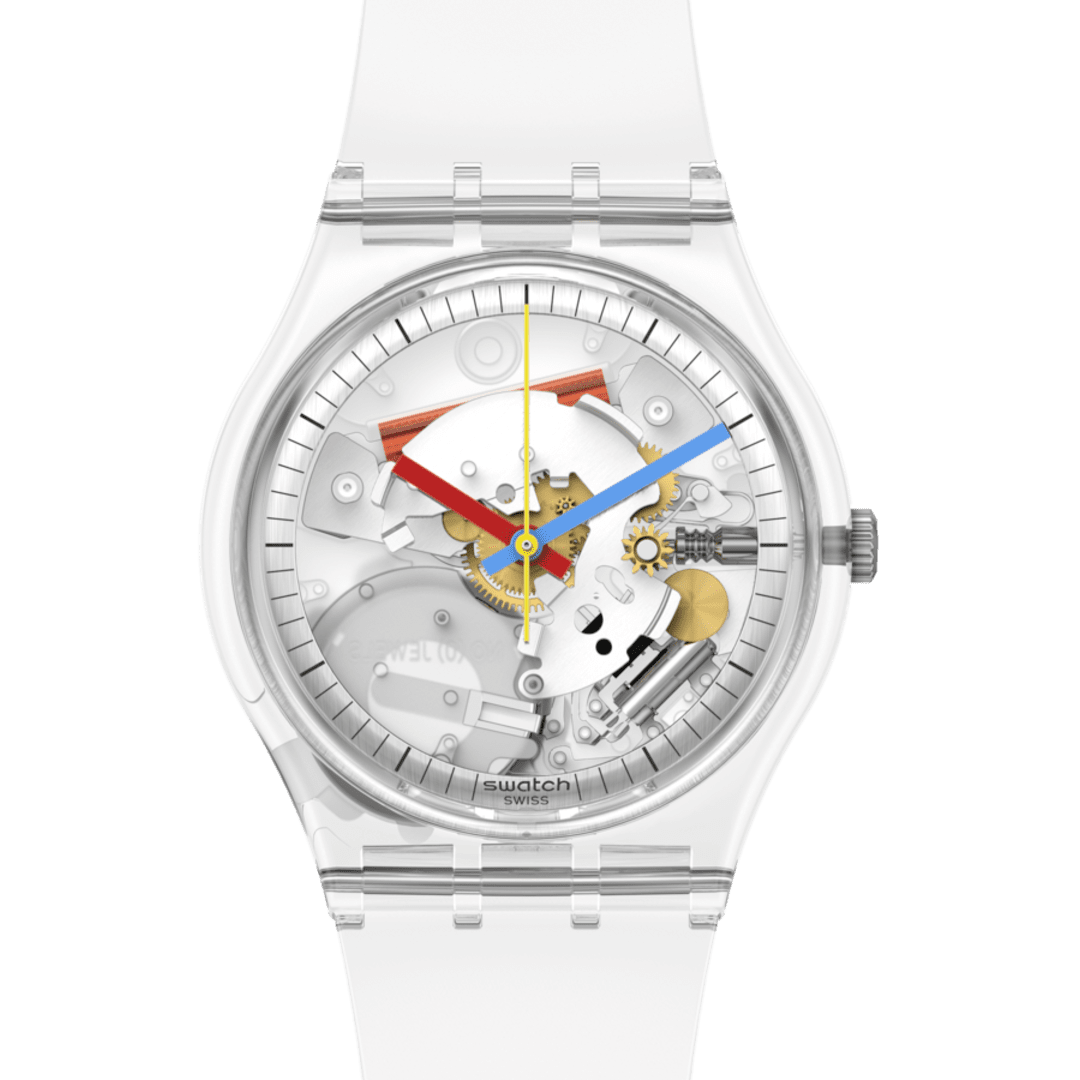 Swatch Clearly Gent – Vista laterale cassa trasparente biosourced – SWATCH