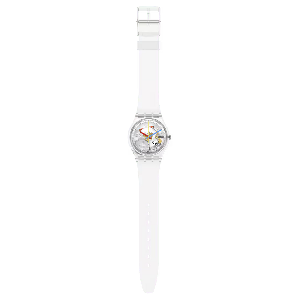Swatch Clearly Gent – Orologio trasparente Gent, vista frontale su sfondo bianco – CICCO Gioielleria