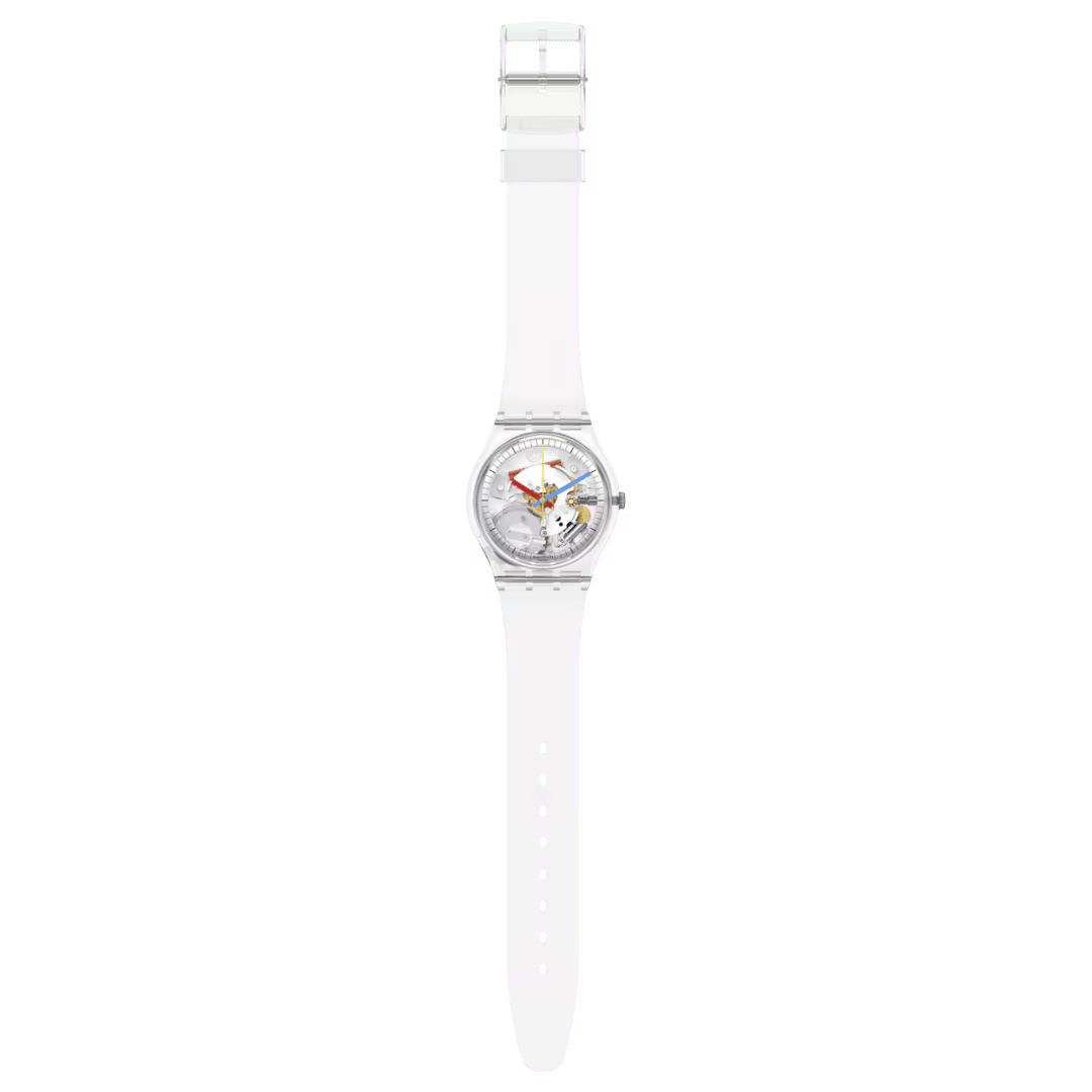 Swatch Clearly Gent – Orologio trasparente Gent, vista frontale su sfondo bianco – CICCO Gioielleria