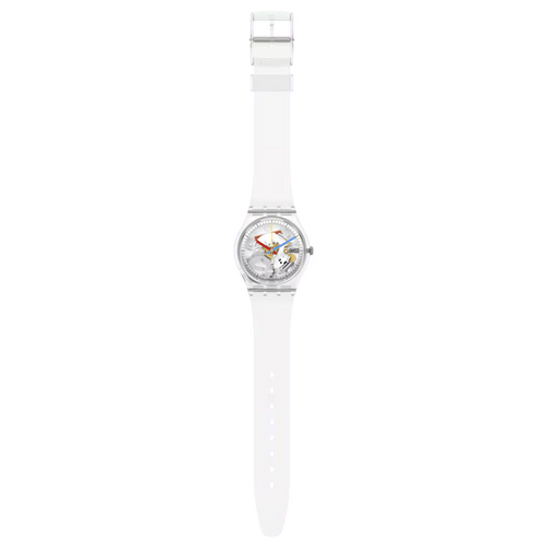 Swatch Clearly Gent – Orologio trasparente Gent, vista frontale su sfondo bianco – CICCO Gioielleria
