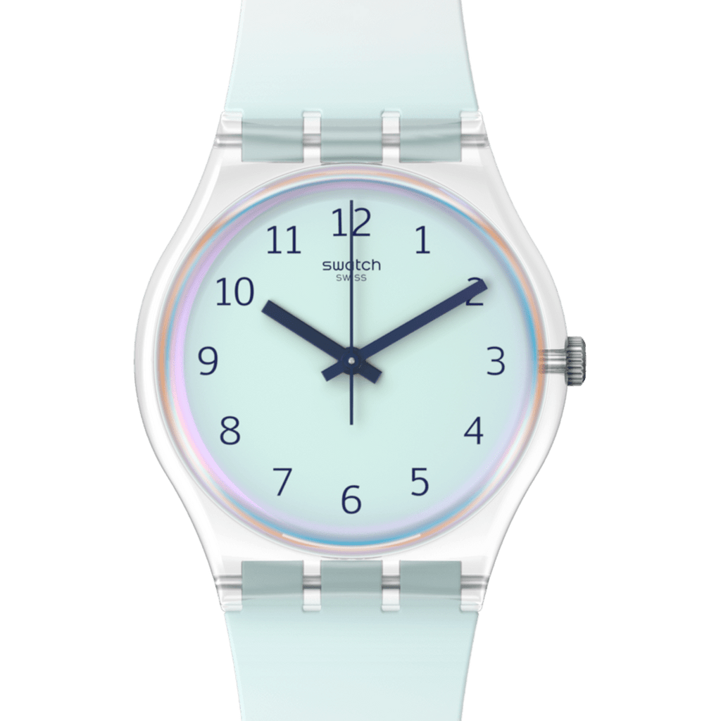 Dettaglio quadrante Swatch Ultraciel Pay SO28K110-6000 – vetro Solar Spectrum azzurro biosourced, indici e stampa blu a contrasto