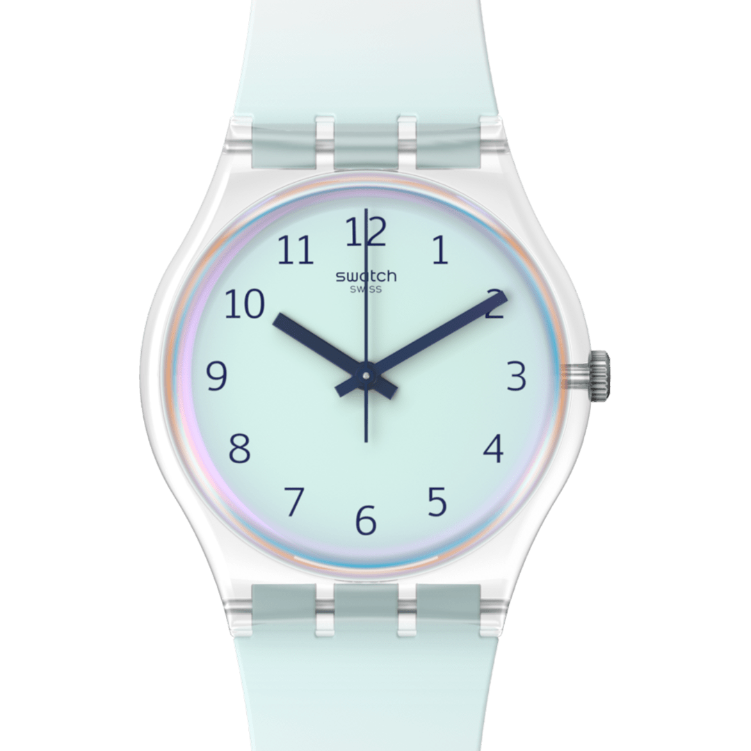 Dettaglio quadrante Swatch Ultraciel Pay SO28K110-6000 – vetro Solar Spectrum azzurro biosourced, indici e stampa blu a contrasto