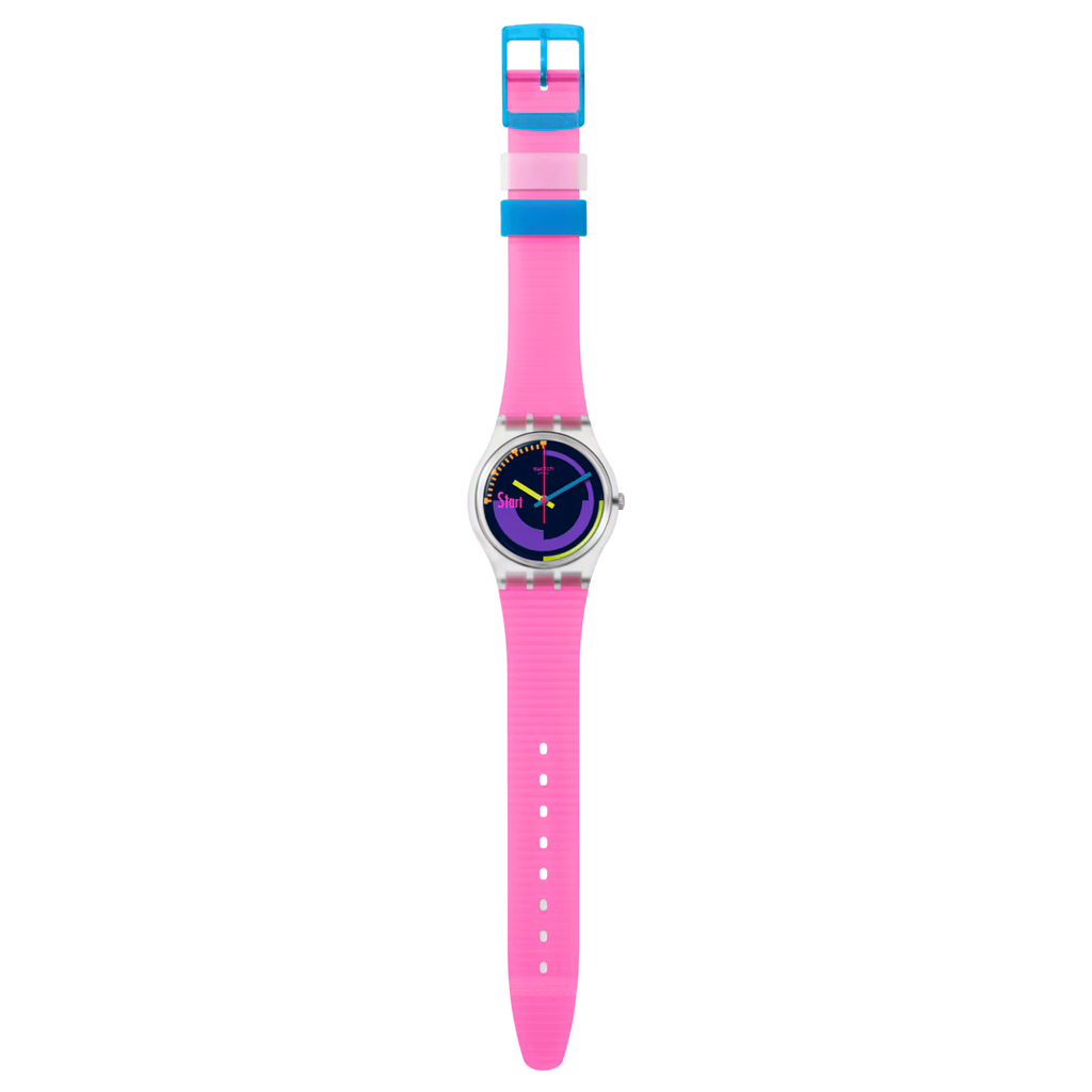 Orologio Swatch Neon Pink Podium SO28K111 con cinturino rosa, cassa trasparente e quadrante multicolore, vista frontale.