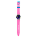 Orologio Swatch Neon Pink Podium SO28K111 con cinturino rosa, cassa trasparente e quadrante multicolore, vista frontale.
