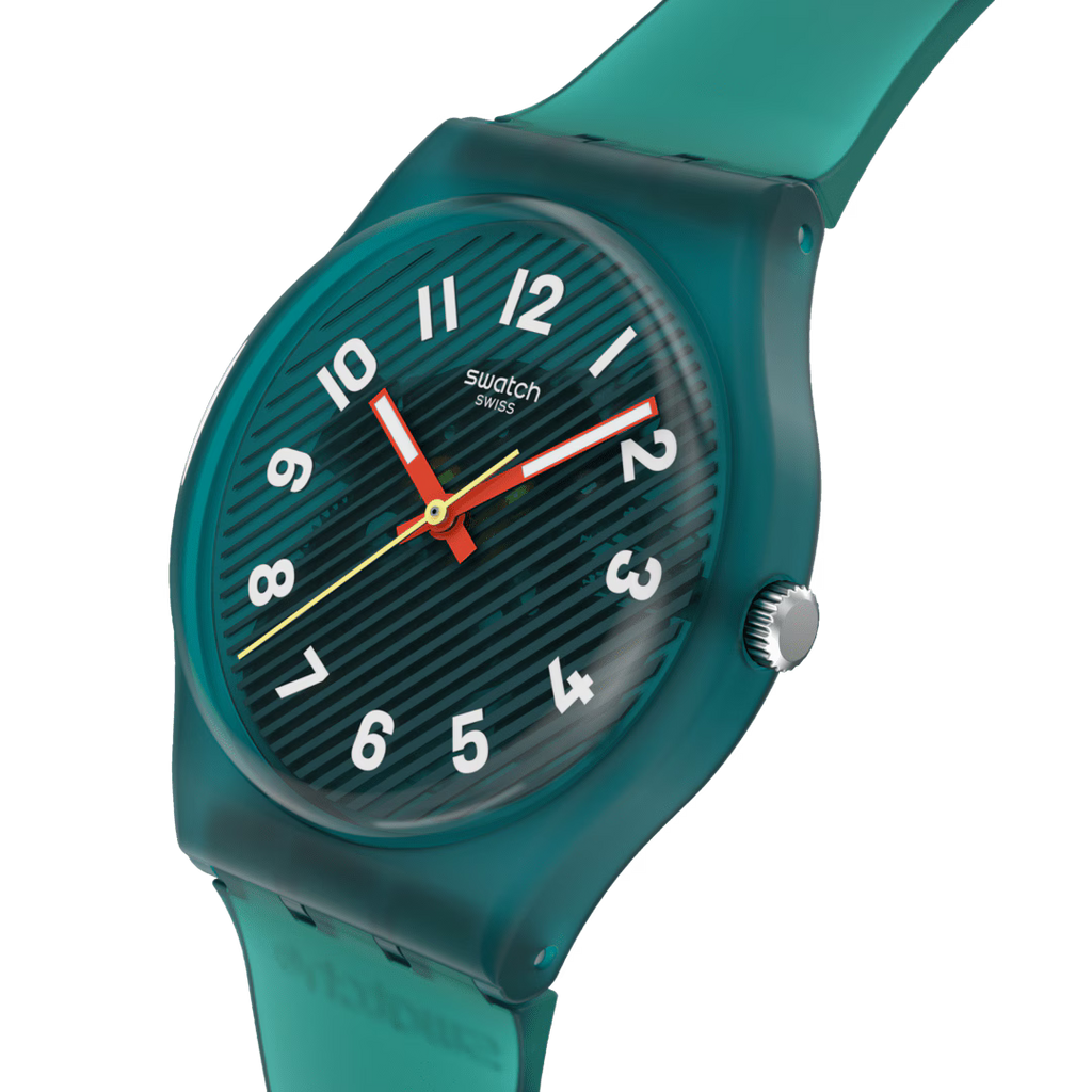 Swatch Gent SO29G703 Wavelengths of Moss – Vista laterale cassa Gent verde muschio con cinturino – SWATCH