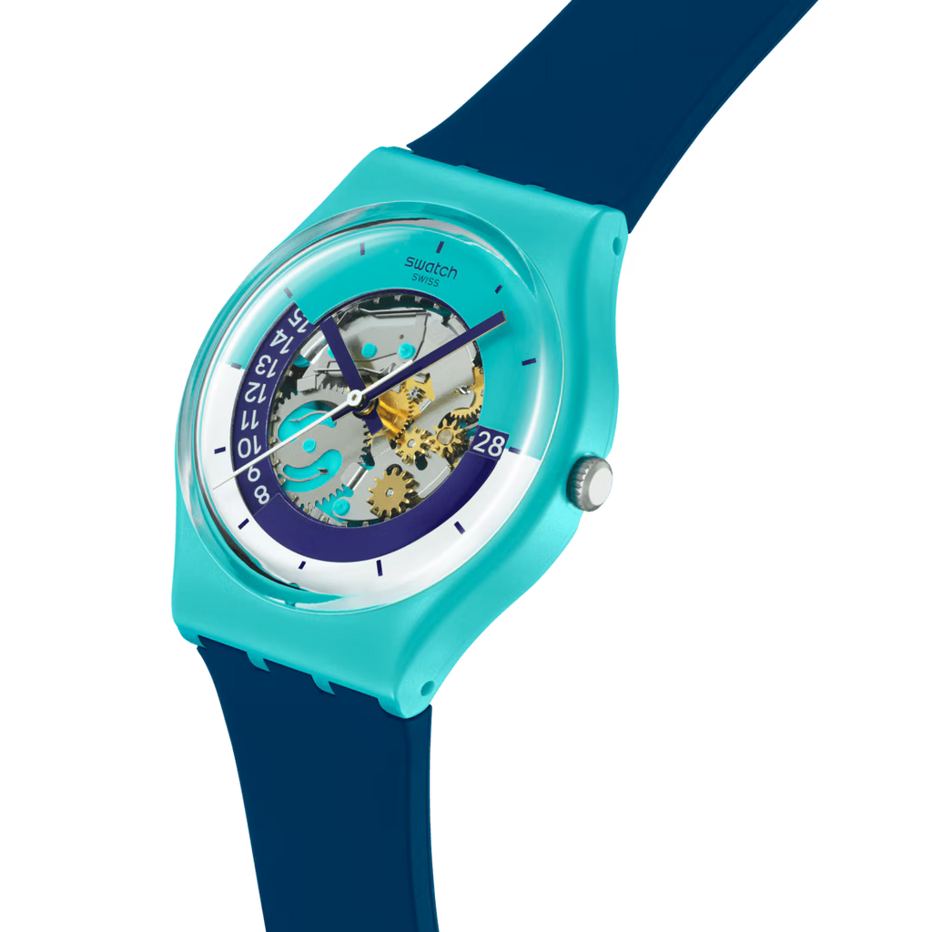 Swatch SO28L400 – Vista laterale – Cassa turchese e cinturino blu scuro