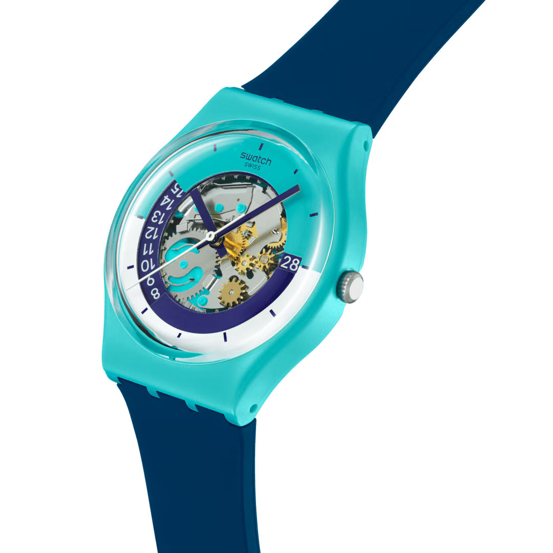Swatch SO28L400 – Vista laterale – Cassa turchese e cinturino blu scuro