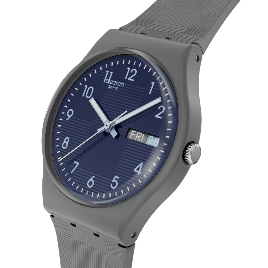 Swatch Gent SO29K103 Tile Dial – Vista frontale con cinturino alternativo – SWATCH