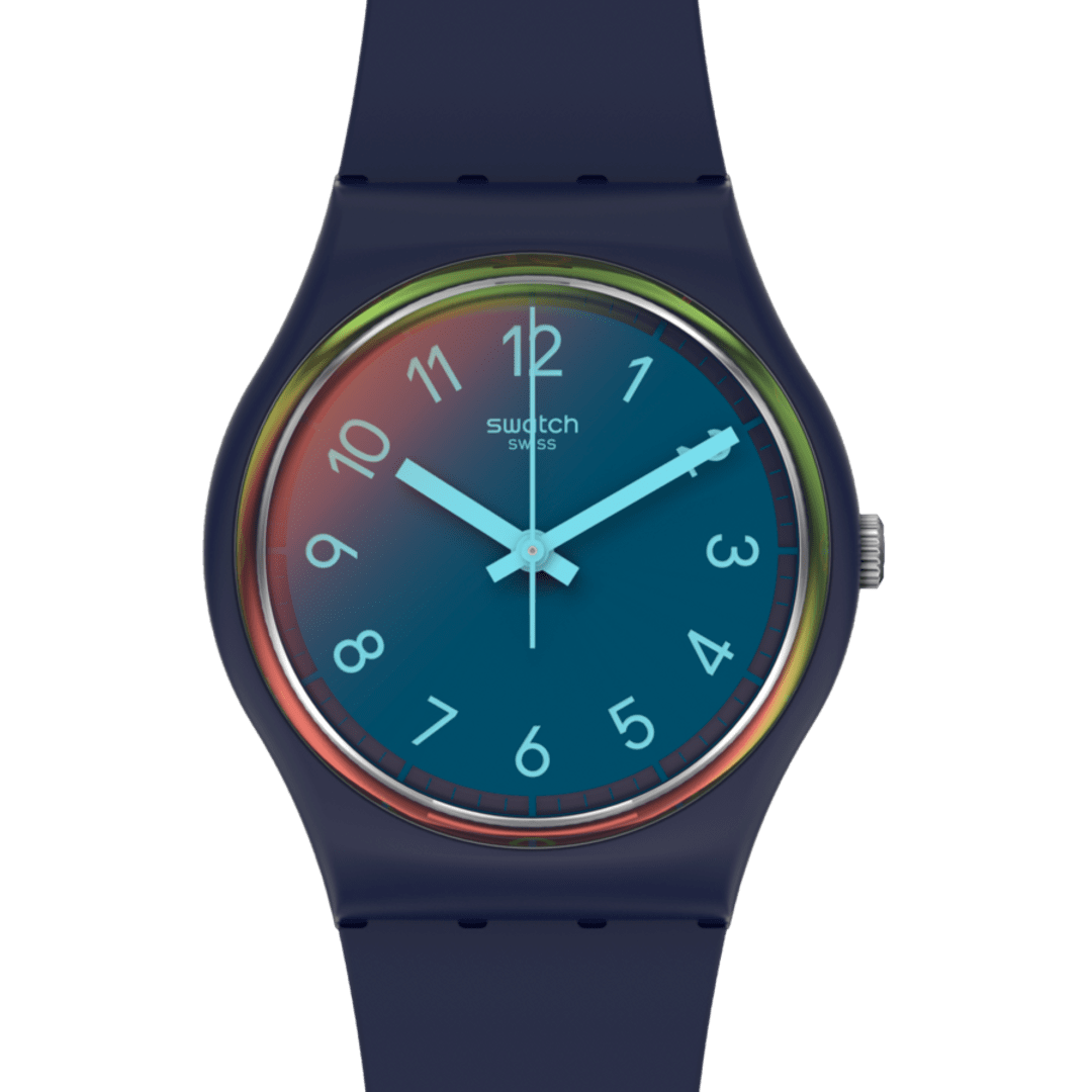 Dettaglio quadrante blu notte orologio Swatch SO28N110 con riflessi Solar Spectrum