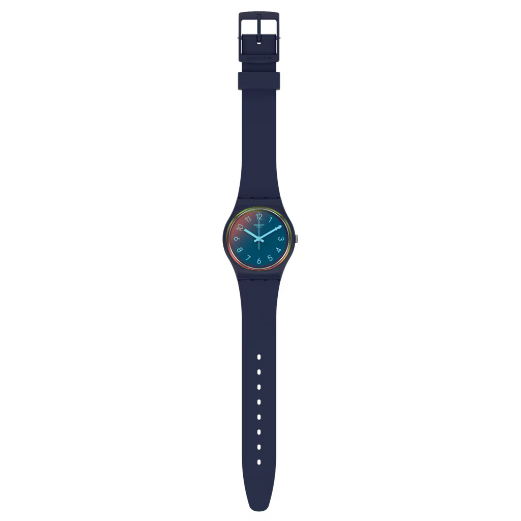 Orologio Swatch SO28N110 LA NIGHT BLUE con effetto Solar Spectrum sul vetro, vista frontale