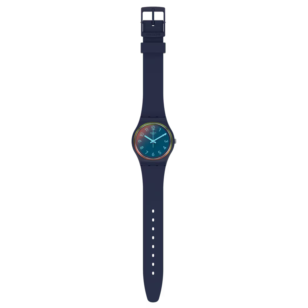 Orologio Swatch SO28N110 LA NIGHT BLUE con effetto Solar Spectrum sul vetro, vista frontale