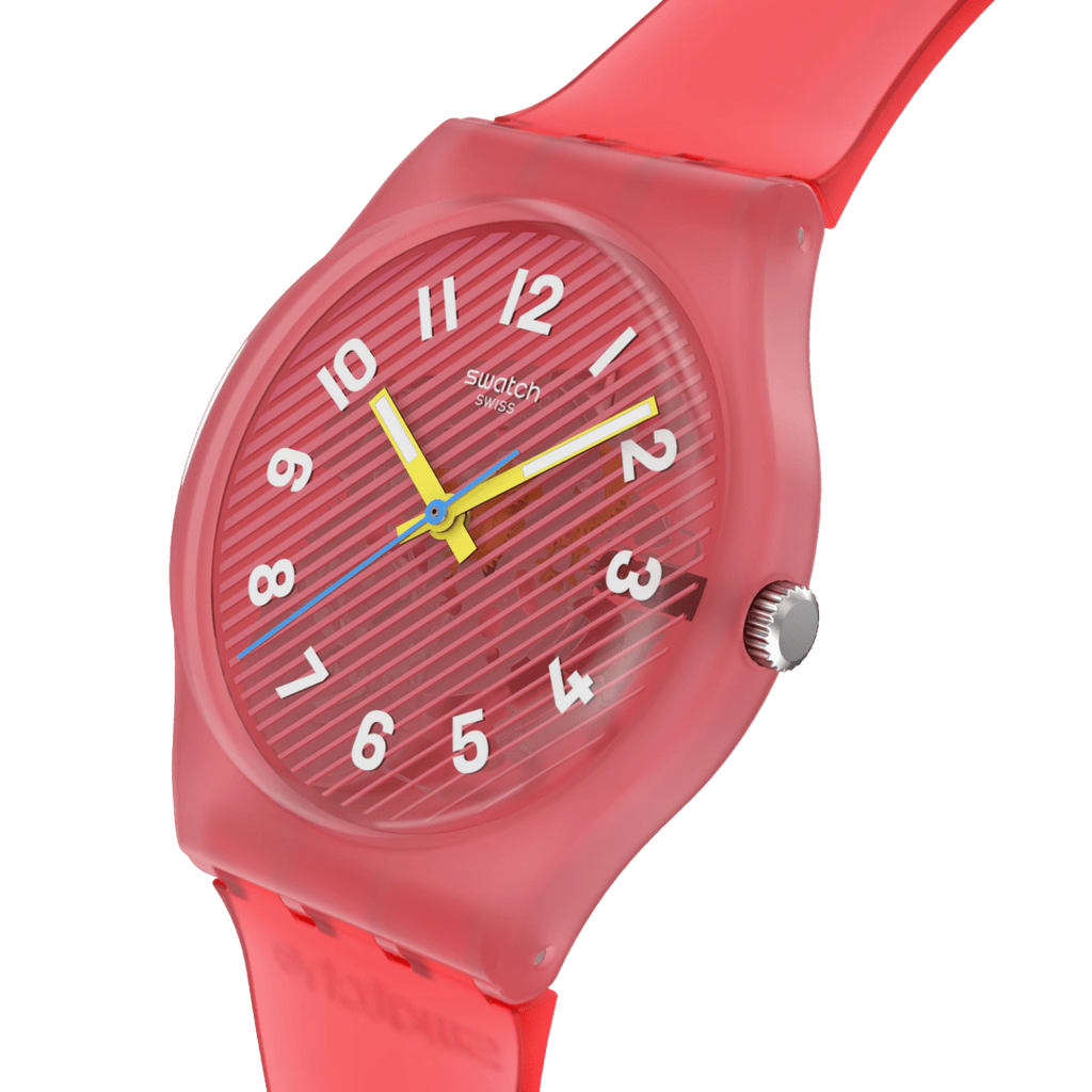 Swatch Gent SO29P700 Wavelengths of Coral – Vista laterale cassa Gent corallo con cinturino – SWATCH
