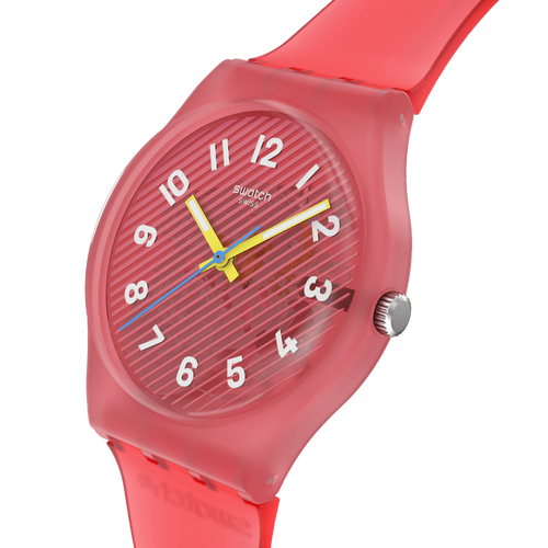 Swatch Gent SO29P700 Wavelengths of Coral – Vista laterale cassa Gent corallo con cinturino – SWATCH
