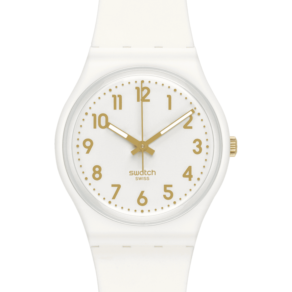 Dettaglio del quadrante bianco con numeri e lancette color oro dello Swatch WHITE BISHOP SO28W106-S14.