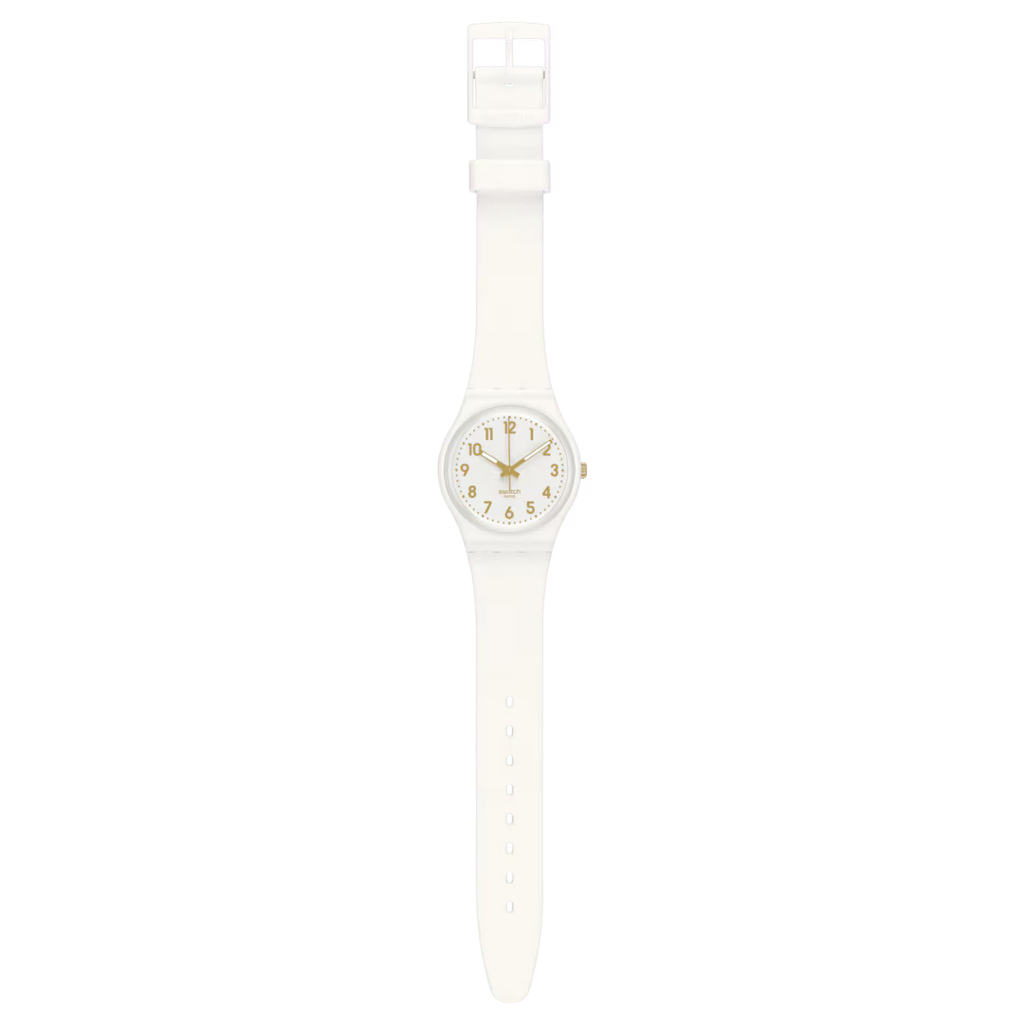 Swatch WHITE BISHOP SO28W106-S14 visto frontalmente, con cassa e cinturino bianchi – CICCO Gioielleria.