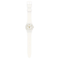 Swatch WHITE BISHOP SO28W106-S14 visto frontalmente, con cassa e cinturino bianchi – CICCO Gioielleria.