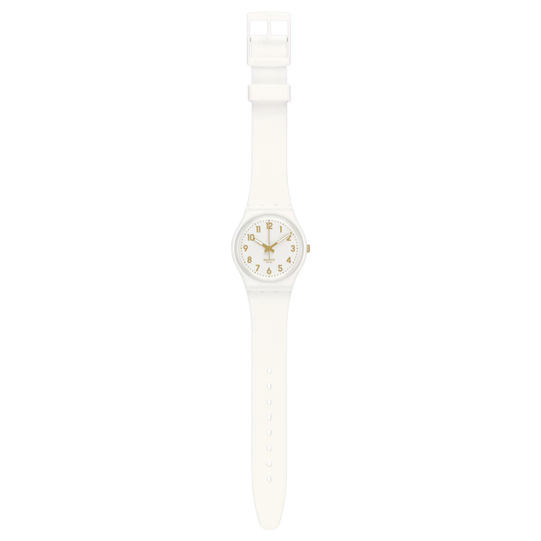 Swatch WHITE BISHOP SO28W106-S14 visto frontalmente, con cassa e cinturino bianchi – CICCO Gioielleria.