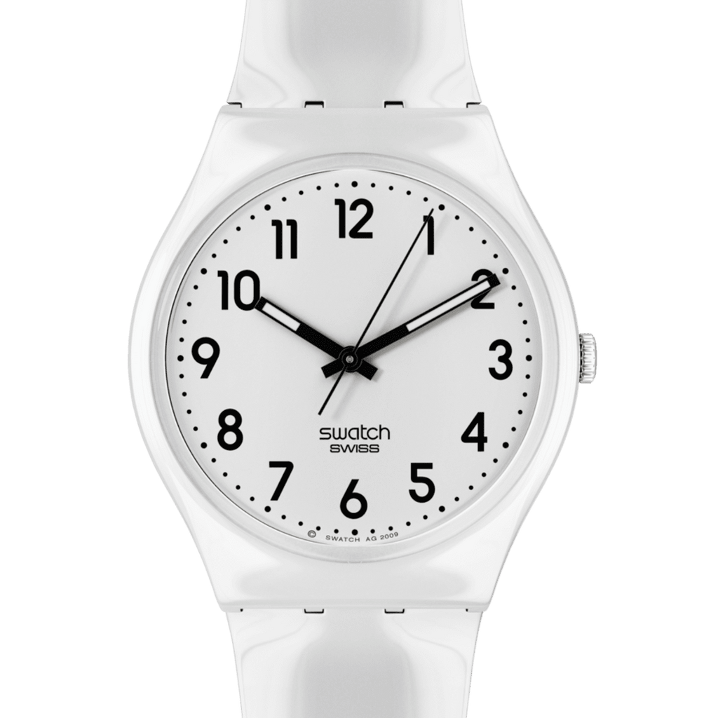 Dettaglio del quadrante bianco Swatch JUST WHITE SOFT SO28W107-S14 con numeri arabi neri e tre lancette.