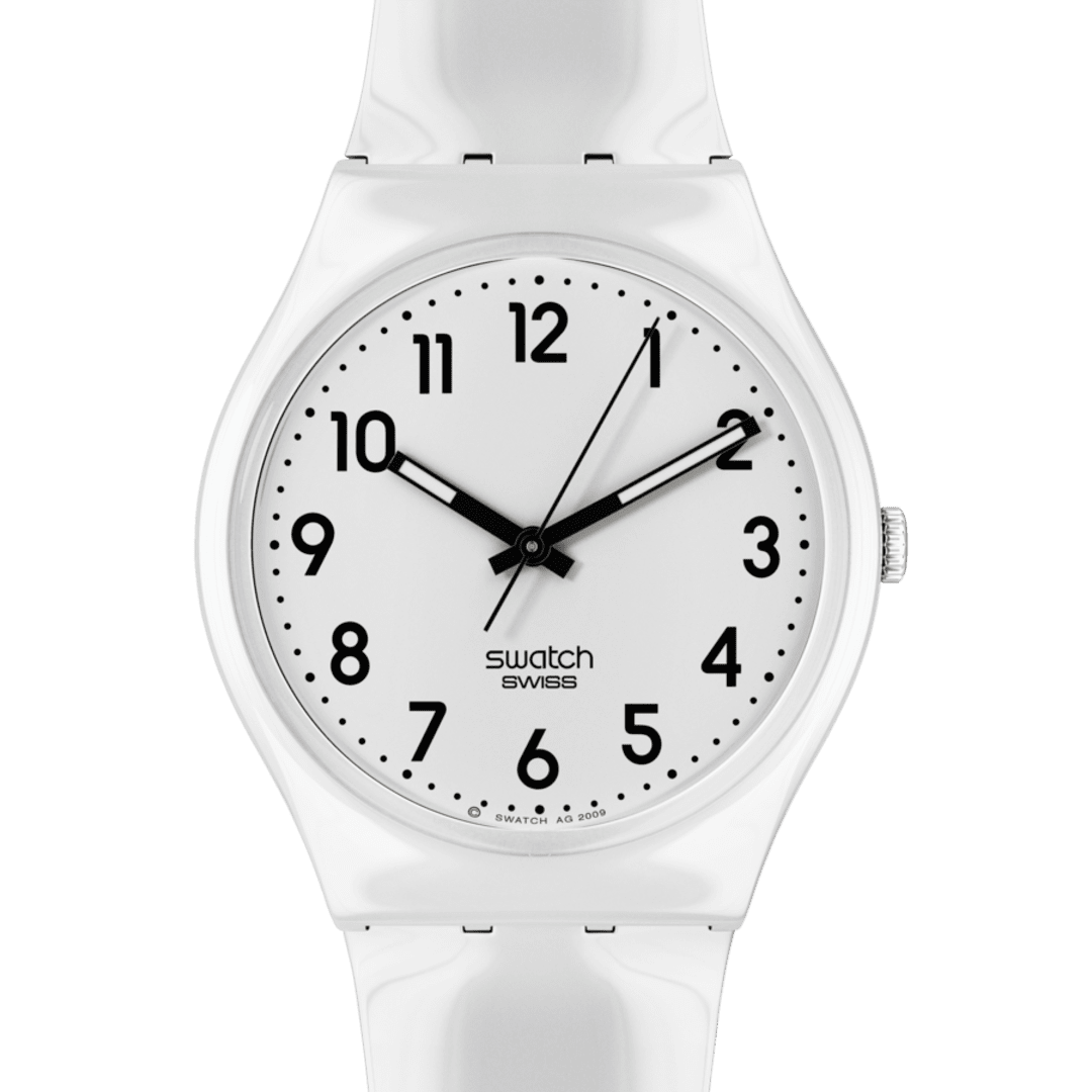 Dettaglio del quadrante bianco Swatch JUST WHITE SOFT SO28W107-S14 con numeri arabi neri e tre lancette.