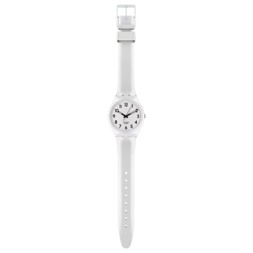 Orologio Swatch JUST WHITE SOFT SO28W107-S14 bianco con numeri neri e cinturino coordinato, vista frontale.
