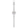 Orologio Swatch JUST WHITE SOFT SO28W107-S14 bianco con numeri neri e cinturino coordinato, vista frontale.
