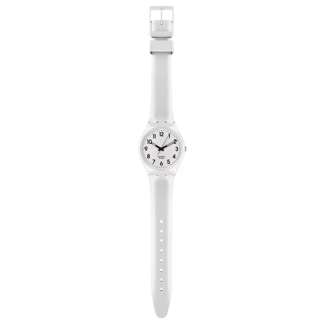Orologio Swatch JUST WHITE SOFT SO28W107-S14 bianco con numeri neri e cinturino coordinato, vista frontale.