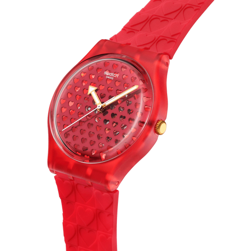 Swatch SO28Z122 Love in Scarlet – vista angolata con cinturino rosso