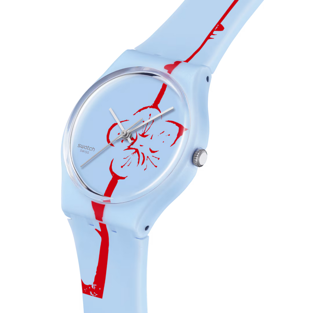 Swatch SO28Z136 Flowering Plum – Dettaglio quadrante azzurro con stampa rossa