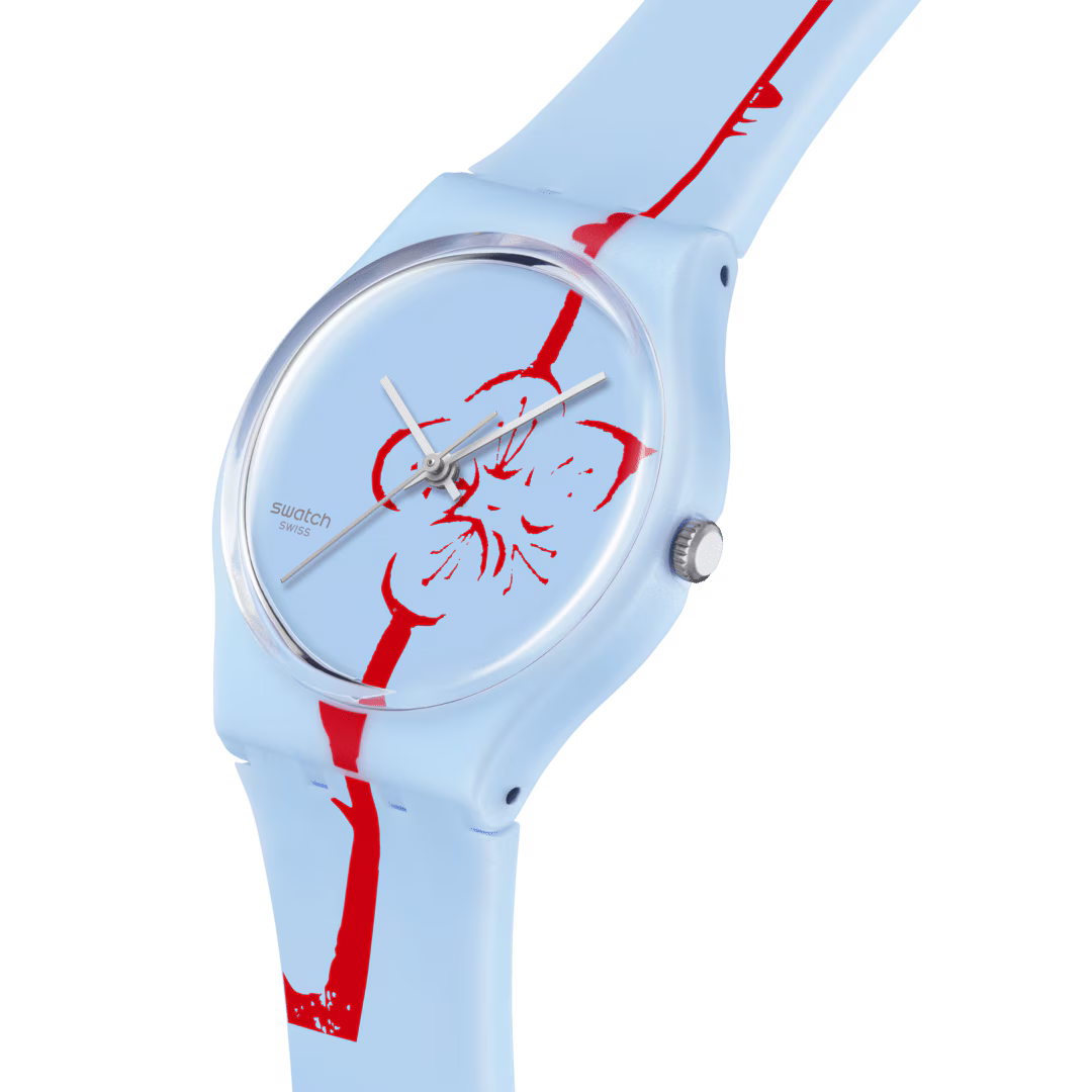Swatch SO28Z136 Flowering Plum – Dettaglio quadrante azzurro con stampa rossa