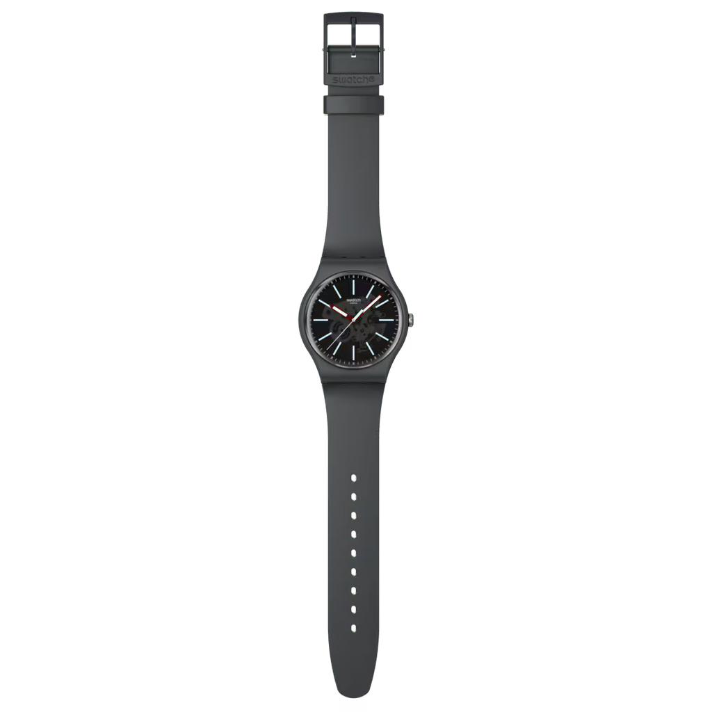 Swatch COBBLESTONE STREET SO29A101 visto frontalmente, con cassa e cinturino grigio scuro – CICCO Gioielleria.