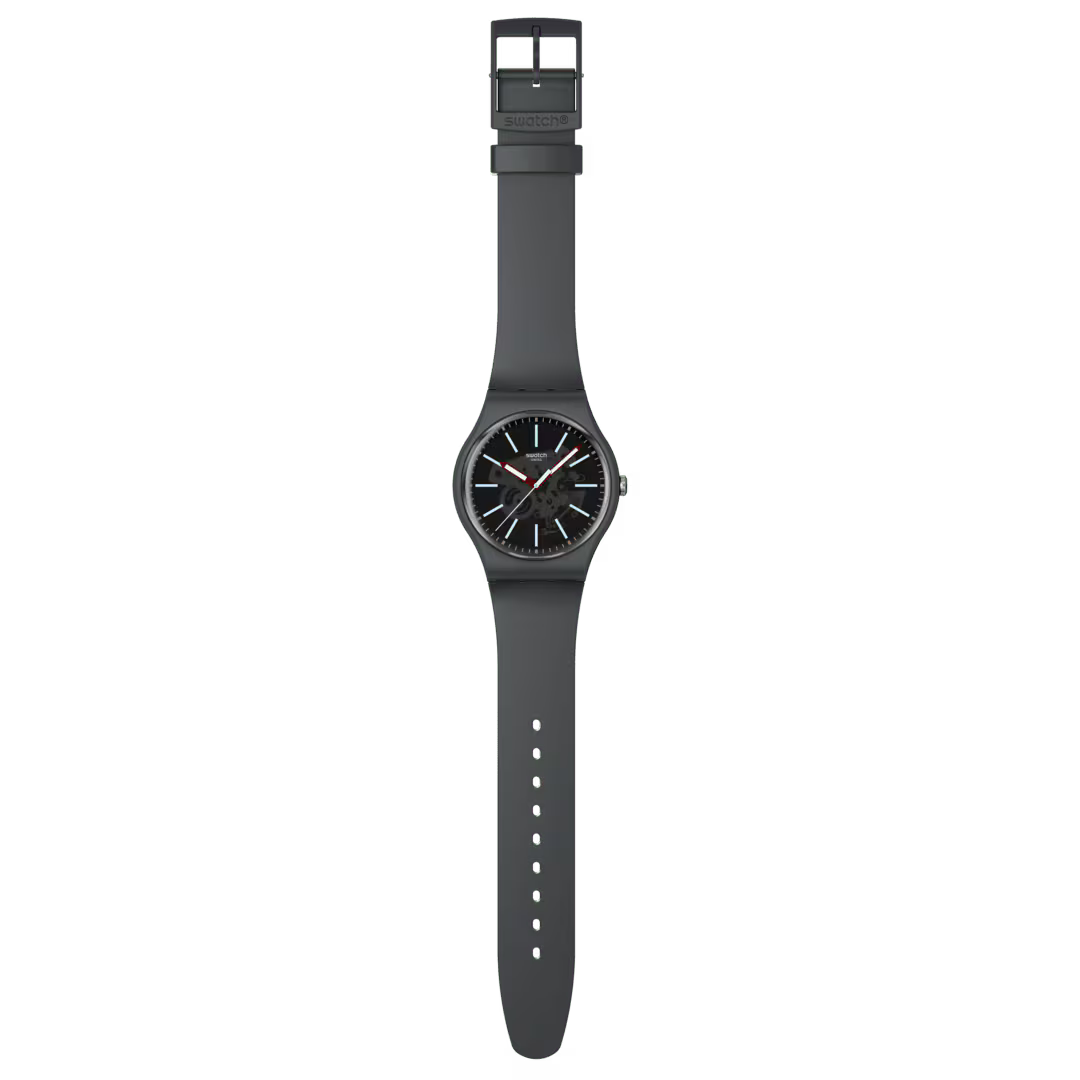 Swatch COBBLESTONE STREET SO29A101 visto frontalmente, con cassa e cinturino grigio scuro – CICCO Gioielleria.