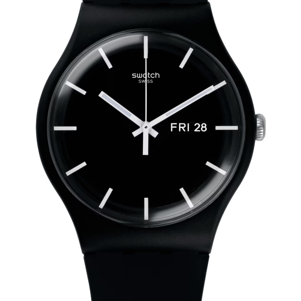 Swatch Gent GB743 Mono Black – Vista laterale cassa Gent nera con cinturino – SWATCH