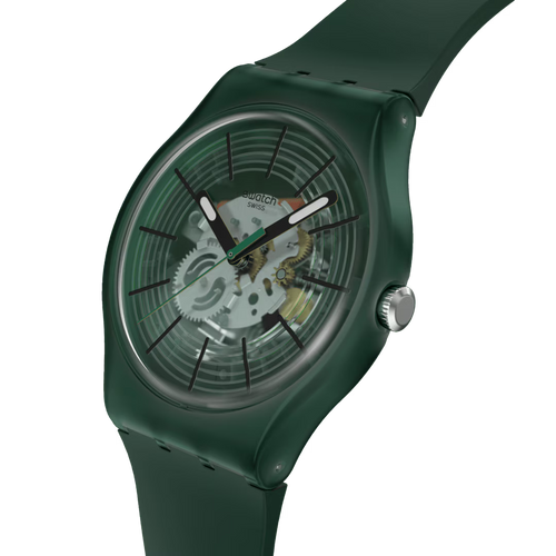 Swatch Gent SO29G701 Revealed in the Forest – Vista laterale cassa Gent verde con cinturino – SWATCH