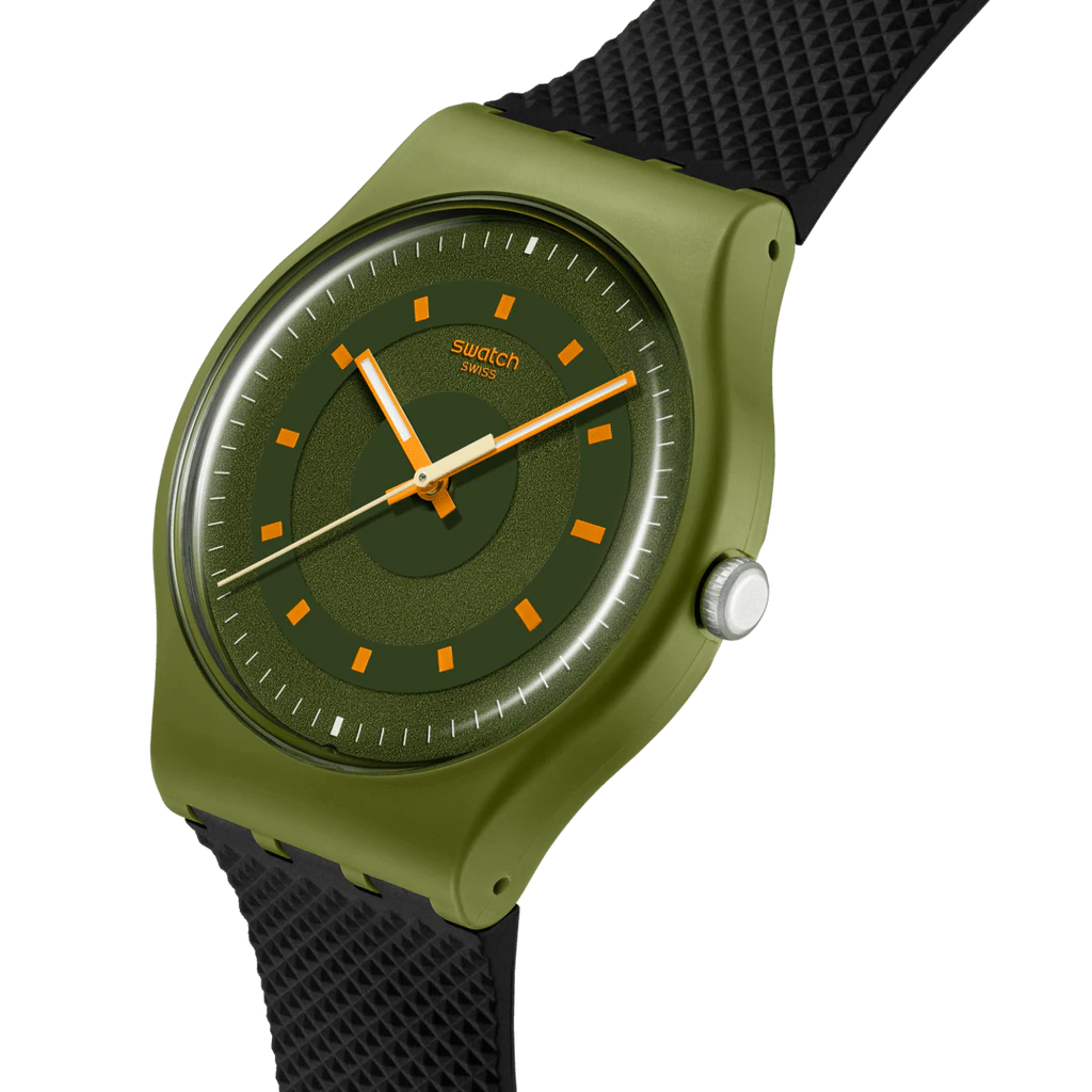 Swatch SO29G113 – Vista laterale – Cinturino nero testurizzato