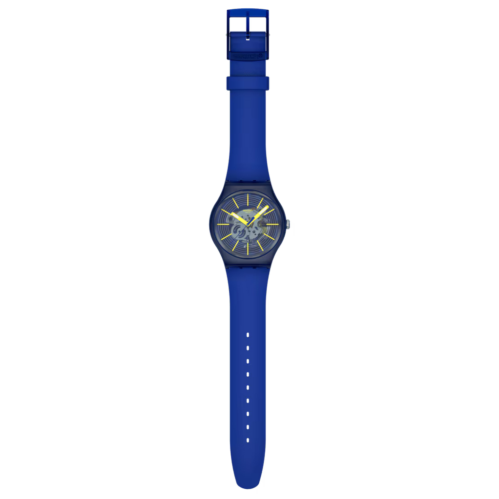 Swatch Gent SO29B700 Revealed in the Depths – Orologio uomo quadrante blu abissale, vista frontale su sfondo bianco – CICCO Gioielleria