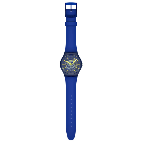 Swatch Gent SO29B700 Revealed in the Depths – Orologio uomo quadrante blu abissale, vista frontale su sfondo bianco – CICCO Gioielleria