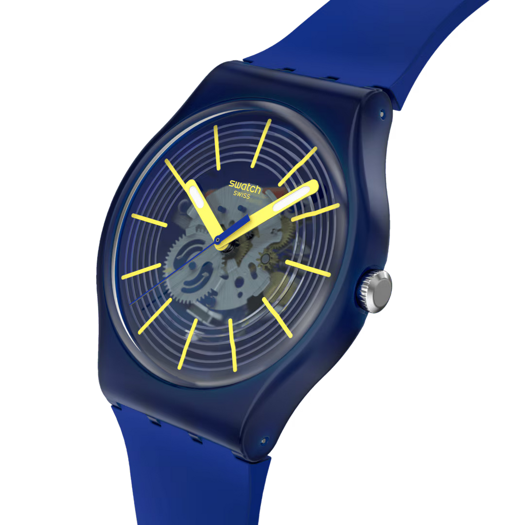 Swatch Gent SO29B700 Revealed in the Depths – Vista frontale con cinturino alternativo – SWATCH