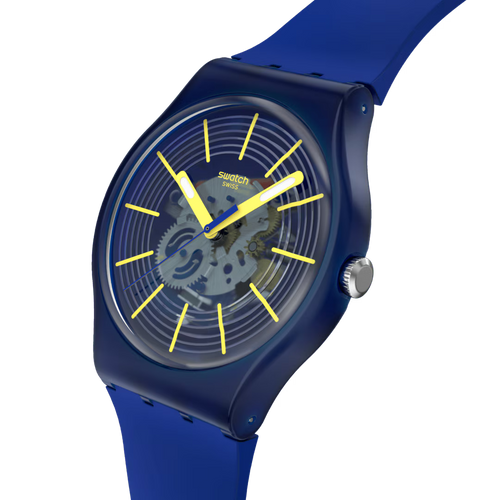 Swatch Gent SO29B700 Revealed in the Depths – Vista frontale con cinturino alternativo – SWATCH