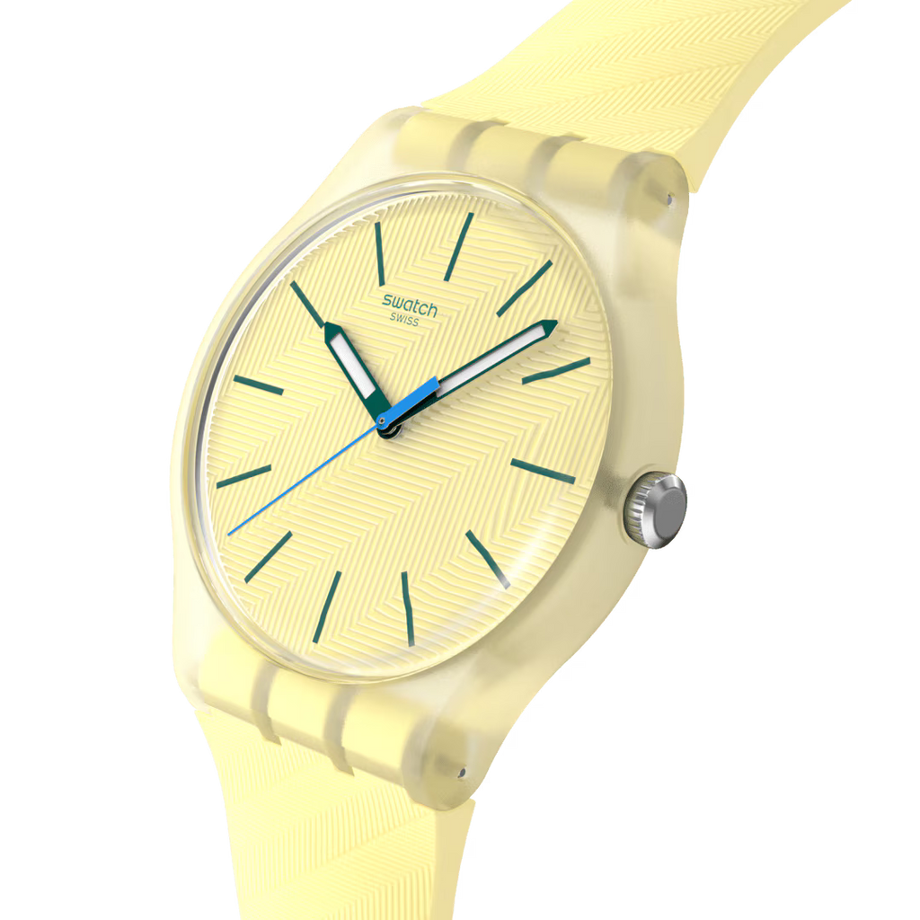 Swatch Gent SO29G700 Citrus Tilt – Vista laterale cassa Gent gialla con cinturino – SWATCH