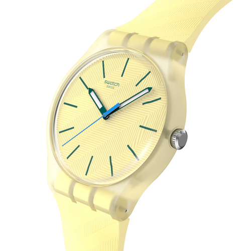 Swatch Gent SO29G700 Citrus Tilt – Vista laterale cassa Gent gialla con cinturino – SWATCH
