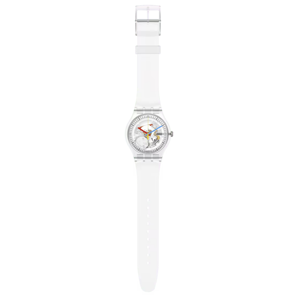 Swatch Clearly New Gent – Orologio trasparente New Gent, vista frontale su sfondo bianco – CICCO Gioielleria