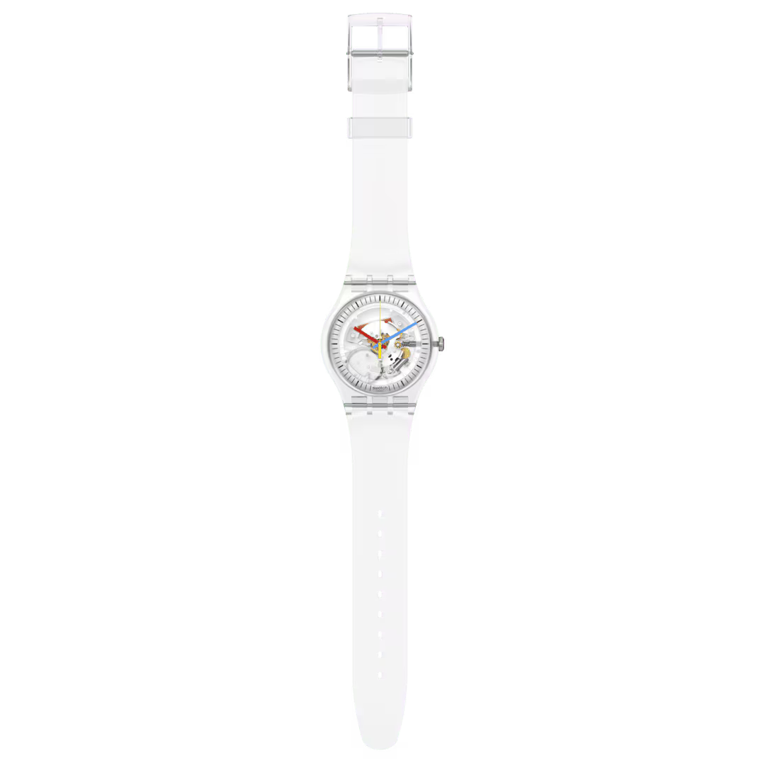 Swatch Clearly New Gent – Orologio trasparente New Gent, vista frontale su sfondo bianco – CICCO Gioielleria