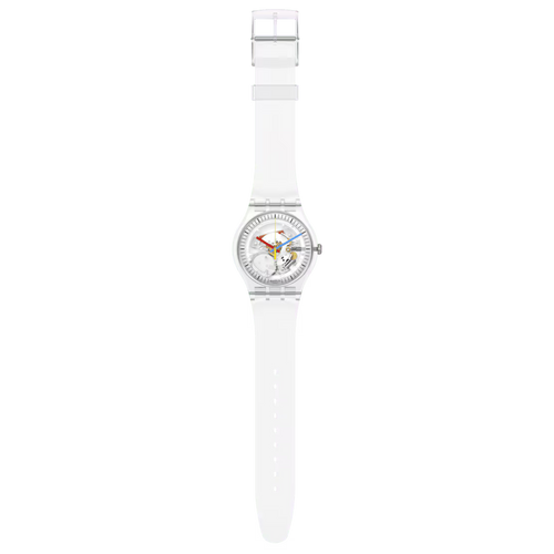 Swatch Clearly New Gent – Orologio trasparente New Gent, vista frontale su sfondo bianco – CICCO Gioielleria
